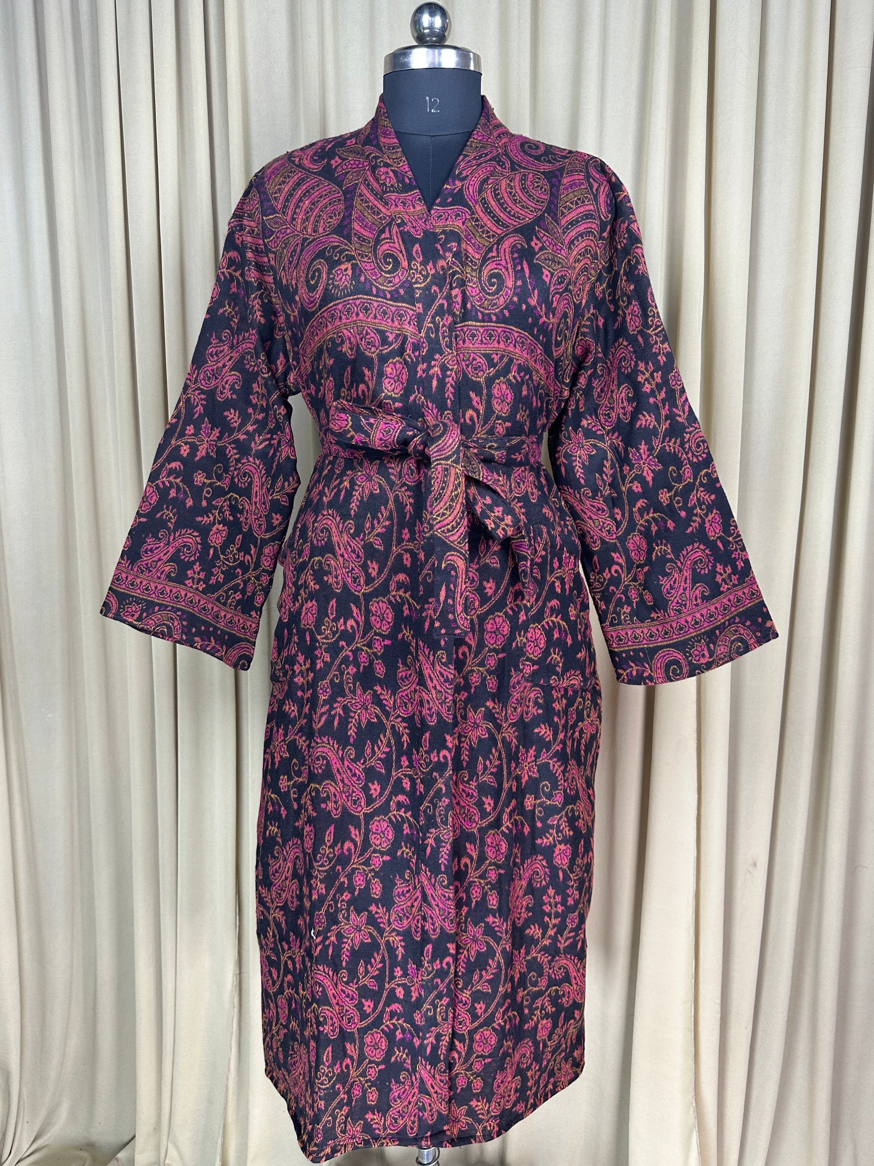 Yak Wool Blend Women Kimono Robe | Cozy Warm Winter Romance Loungewear, Black Paisley Cardigan House Coat with Pockets, Quirky Christmas Gift