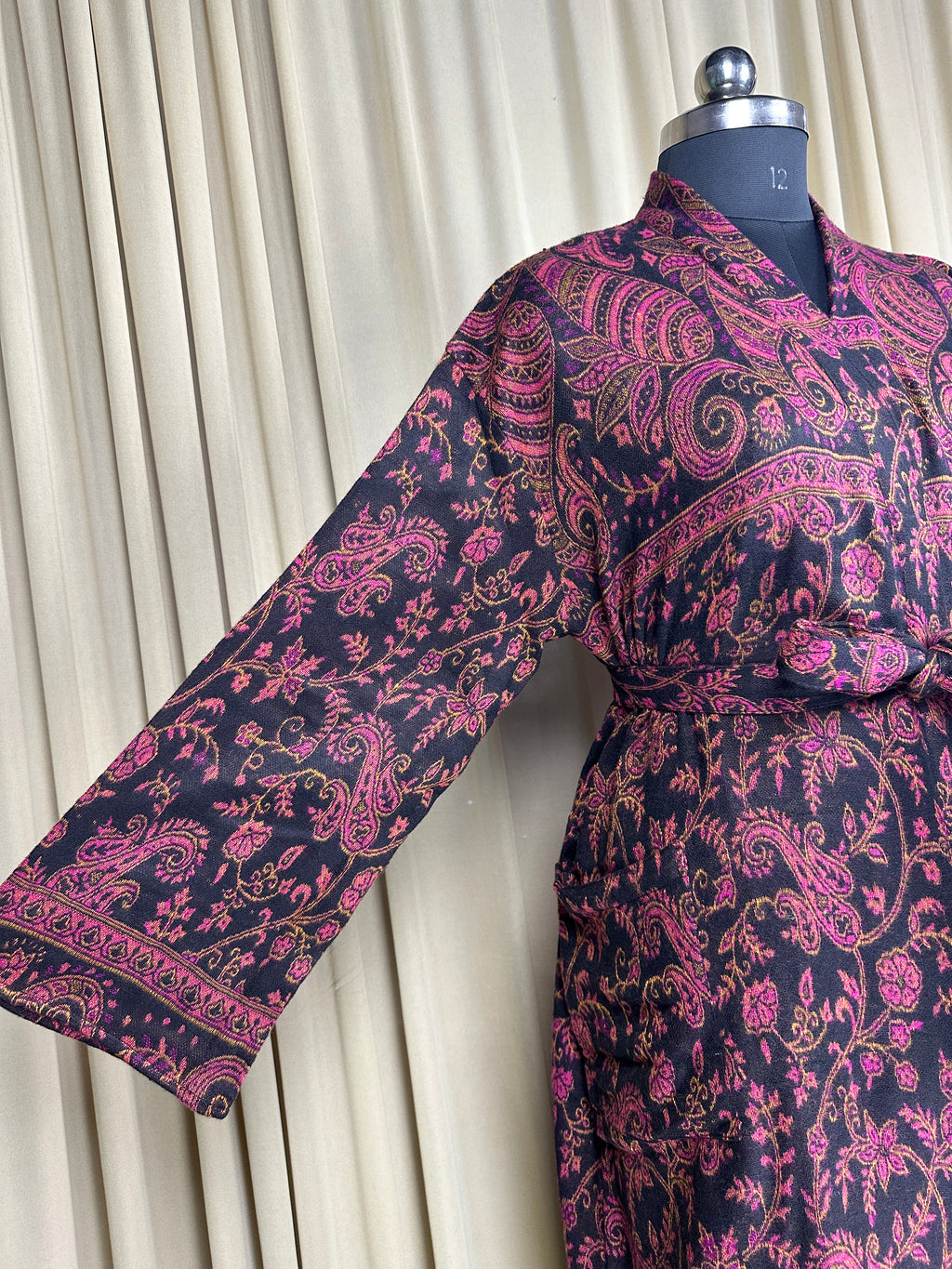 Yak Wool Blend Women Kimono Robe | Cozy Warm Winter Romance Loungewear, Black Paisley Cardigan House Coat with Pockets, Quirky Christmas Gift