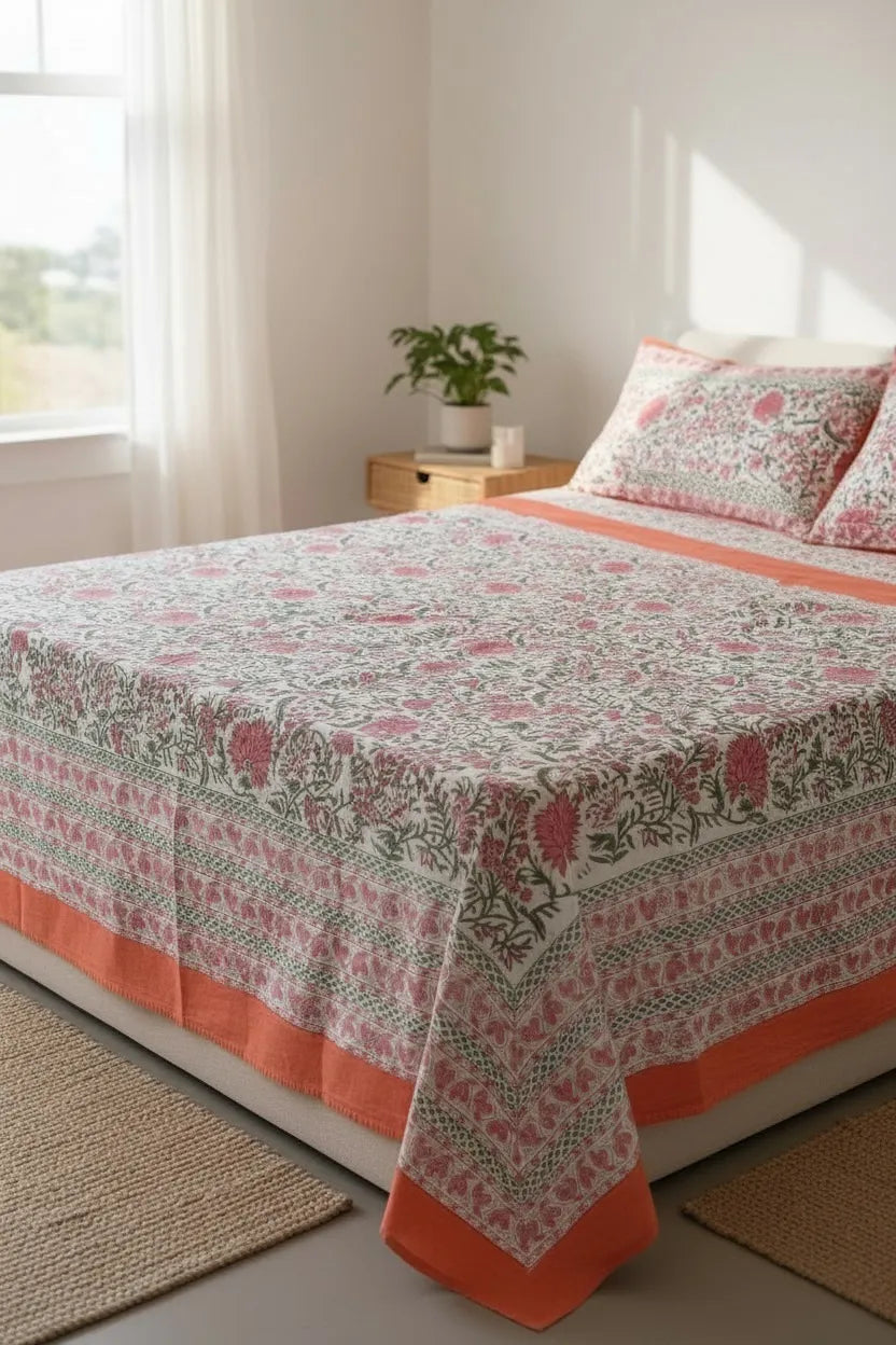 Pure Soft Cotton Bedsheet with Pillow Covers | Hand Block Printed Jaipuri Floral Bedspread Queen King Size Summer Boho Home Decor | Gift Set