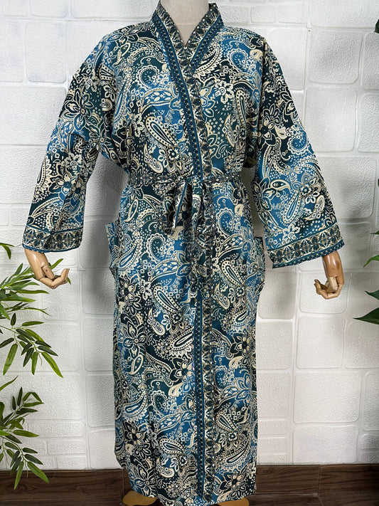 Silk Blend Kimono Robe: Floral Print Long Dressing Gown