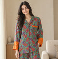 Handmade Recycled Sari Pajama Set, Boho Women's Clothing, Silk Blend Loungewear, Button Down Top, Drawstring Pants, Gift for Her