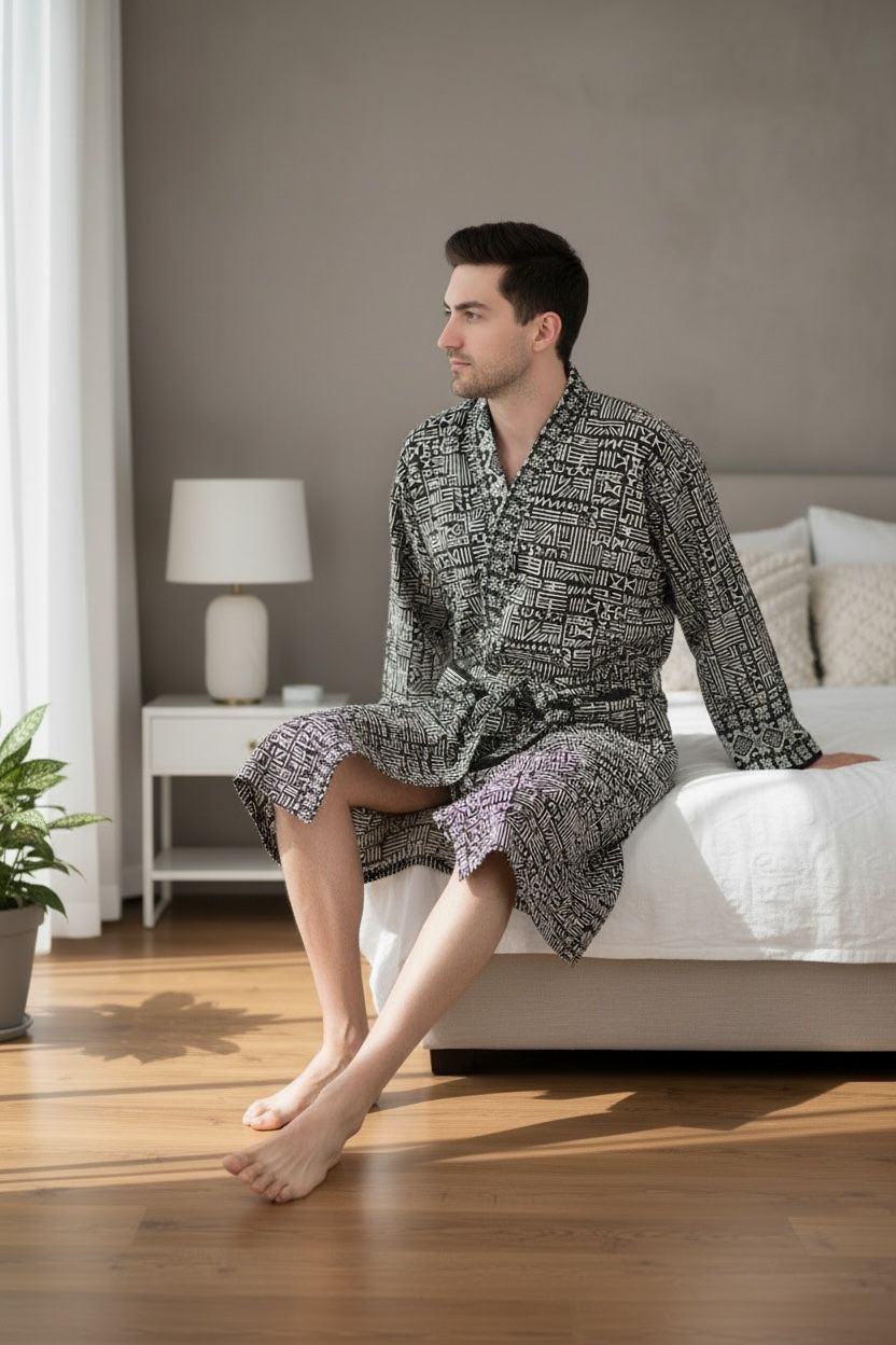 Pure Cotton Handblock Men Kimono | Indian Printed Man House Robe, Boho Beach Coverup Dressing Gown, Lightweight Loungewear, Gift For Him Dad