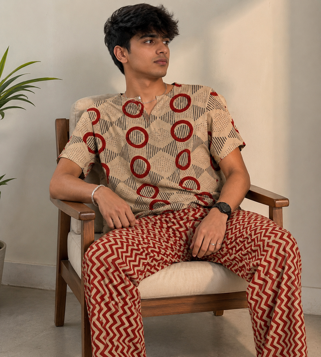 Handblock Print Cotton Mens PJ Set | Stylish Printed Short Sleeve Shirt & Relaxed Pajama Soft Breathable Comfortable Loungewear Gift for Men
