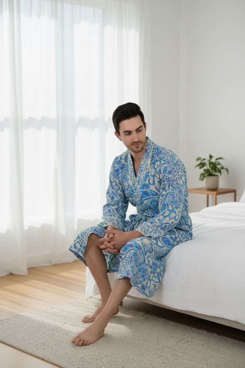Men's Silk Kimono Robe in beige blue floral