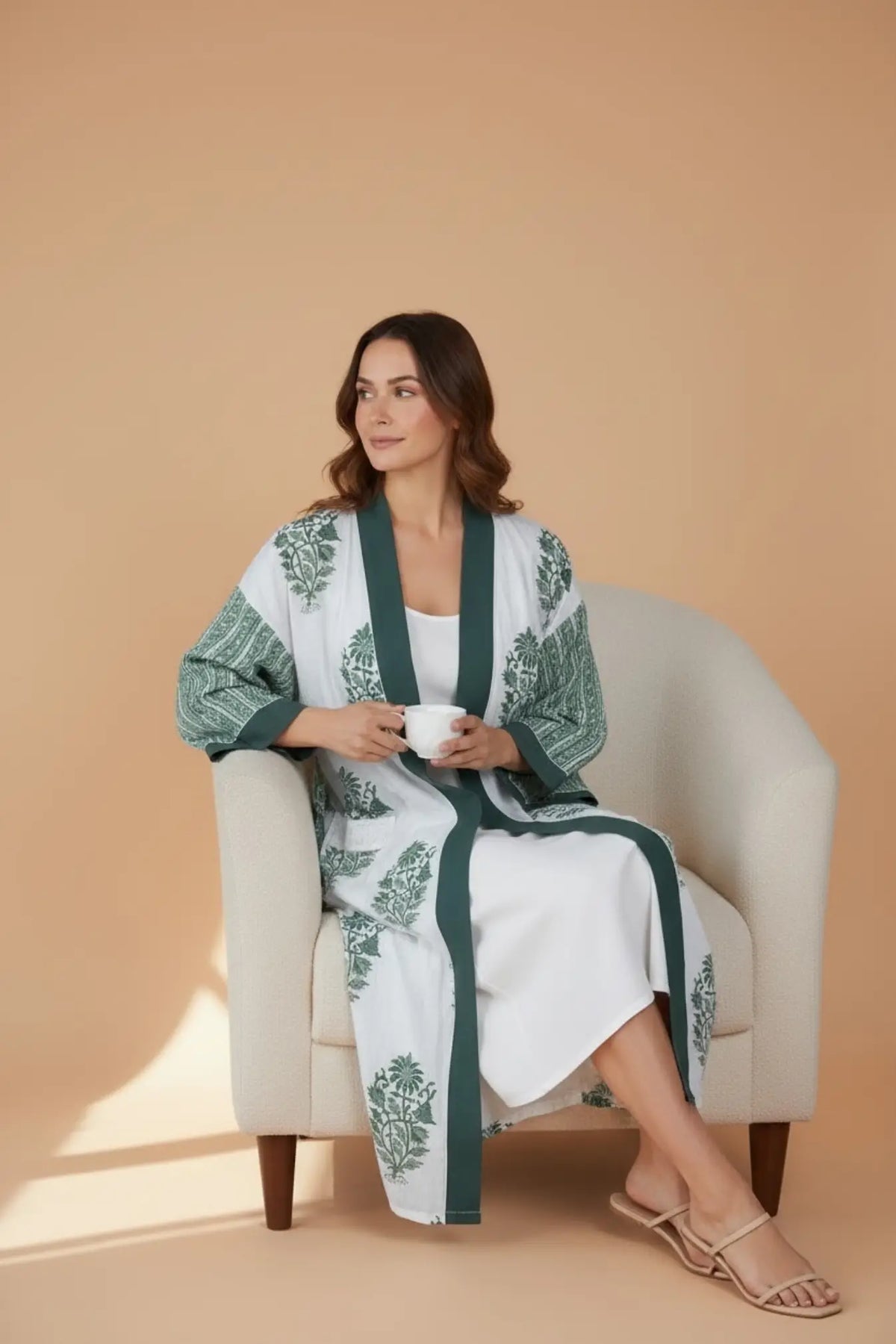 Women's block-printed Cotton Kimono Robe