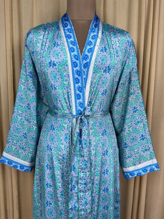Recycle Silk Sari Women Kimono | Boho Chic Beach Cover Up Vintage Lounge Dressing Robe | Resort Wear Regal Gypsy House Robe, Gray Floral
