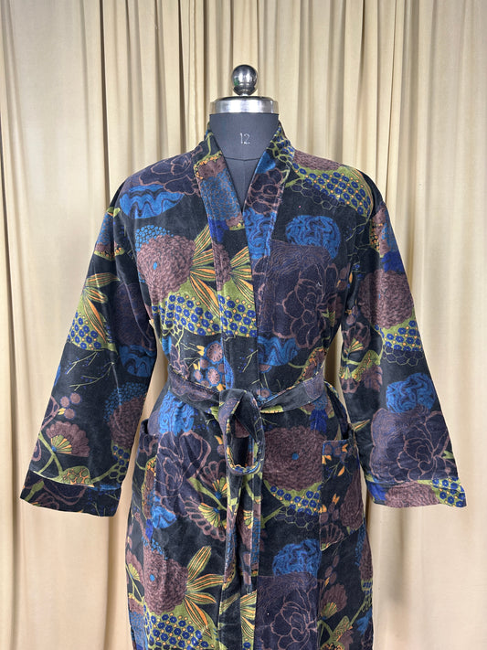 Luxury Velvet Kimono Unisex House Robe | Boho Jacket Autumn Winter Christmas Gift Elegant Reversible Silk Lined | Quirky Gown Black Floral