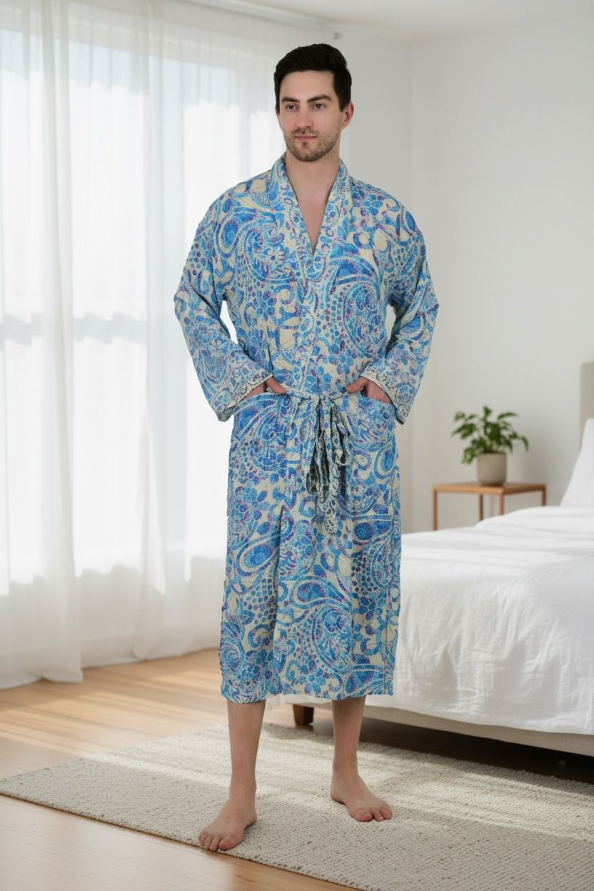 Men's Silk Kimono Robe in beige blue floral