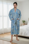 Men's Silk Kimono Robe in beige blue floral