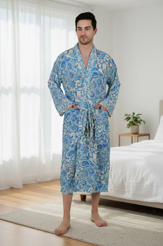 Boho Men's Soft Silk Kimono, Man Regal House Beach Robe, Floral Persian King Elegant Beige Blue Hues Beach Cover Up, Perfect Gift for Dad