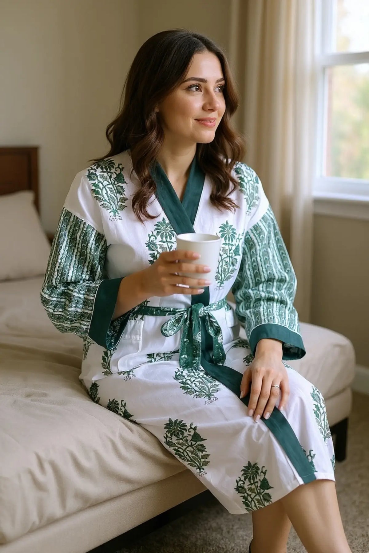 Women's block-printed Cotton Kimono Robe