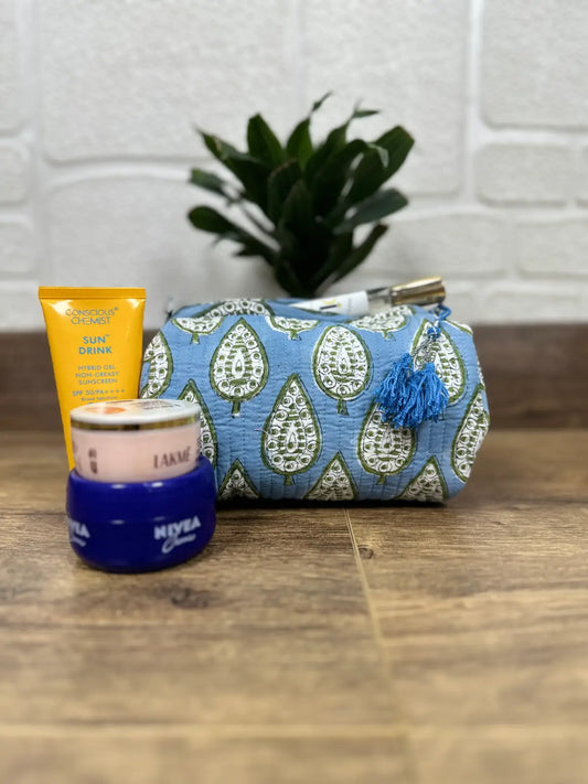 Block Print Toiletry & Makeup Bag | Quilted Wash Bag