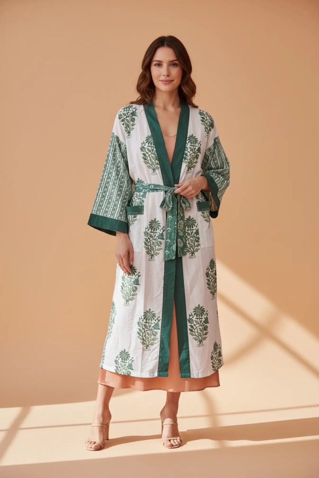 Women's block-printed Cotton Kimono Robe