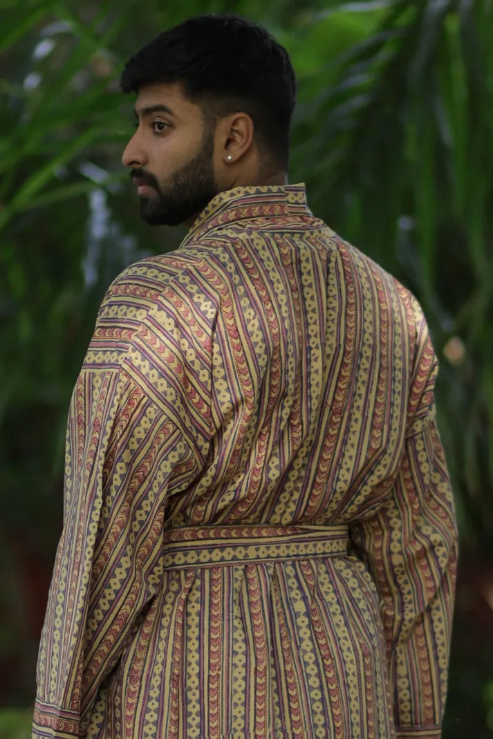 Men's Cotton Kimono Robe in striped with pockets