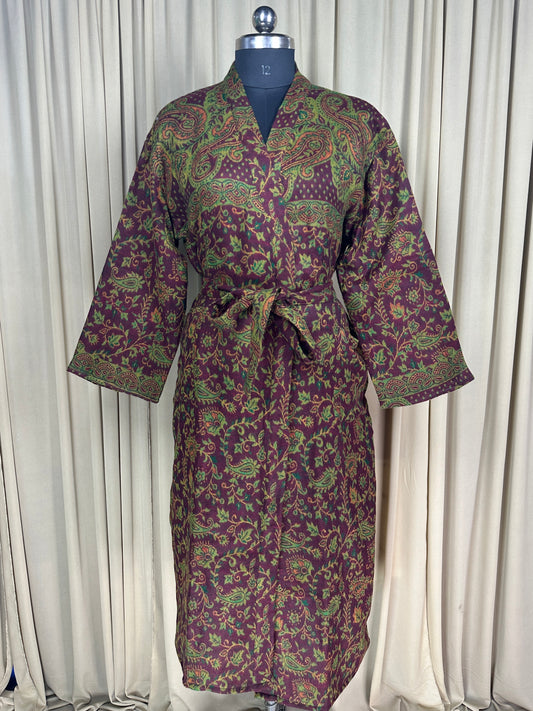 Yak Wool Blend Women Kimono Robe, Cozy Warm Winter Romance Loungewear, Brown Paisley Cardigan House Coat with Pockets, Quirky Christmas Gift