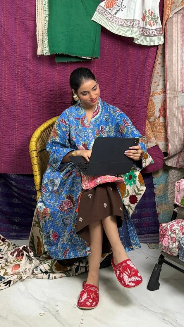 Kantha Reine Baumwolle Wendbare Lange Kimono Damen Jacke Pastell Grün Affe Tier
