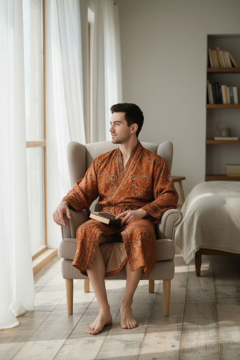 Men's Silk Kimono Robe in brown orange floral