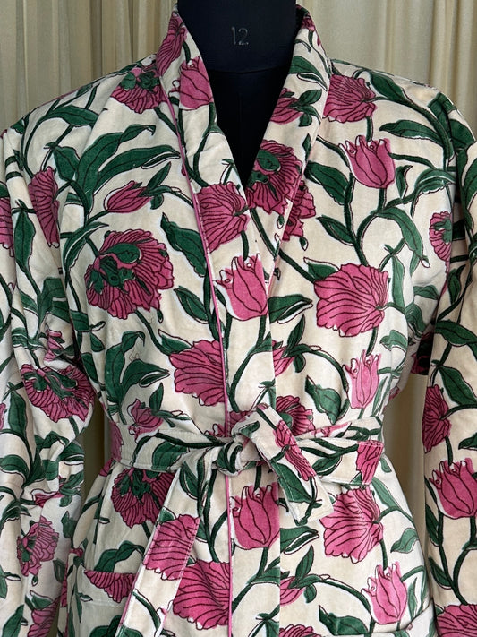 Luxury Velvet Kimono Unisex House Robe | Boho Jacket Autumn Winter Christmas Gift Elegant Reversible Silk Lined | Quirky Gown White Floral