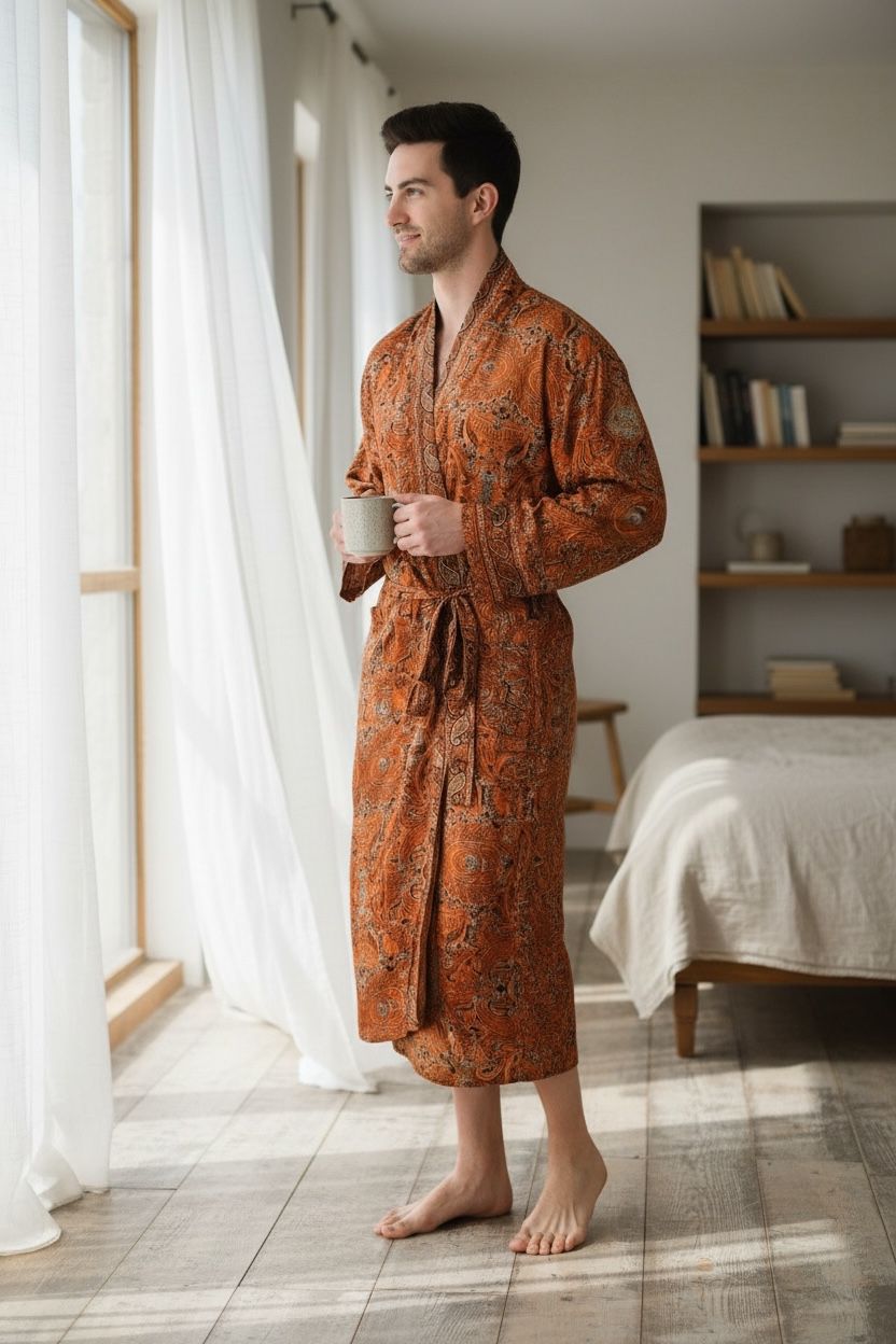 Men's Silk Kimono Robe in brown orange floral