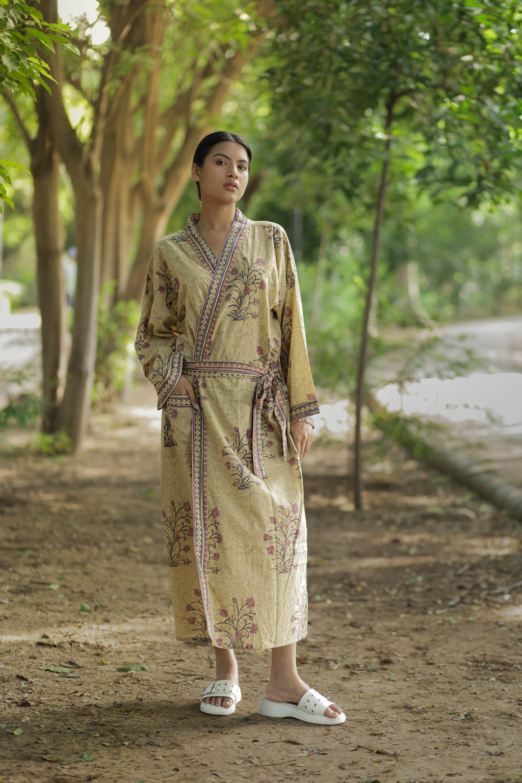 Men's Cotton Long Kimono Robe in striped with pockets
