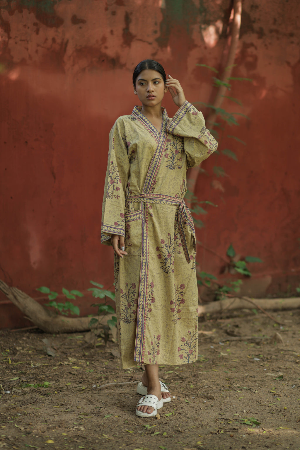 Men's Cotton Long Kimono Robe in striped with pockets