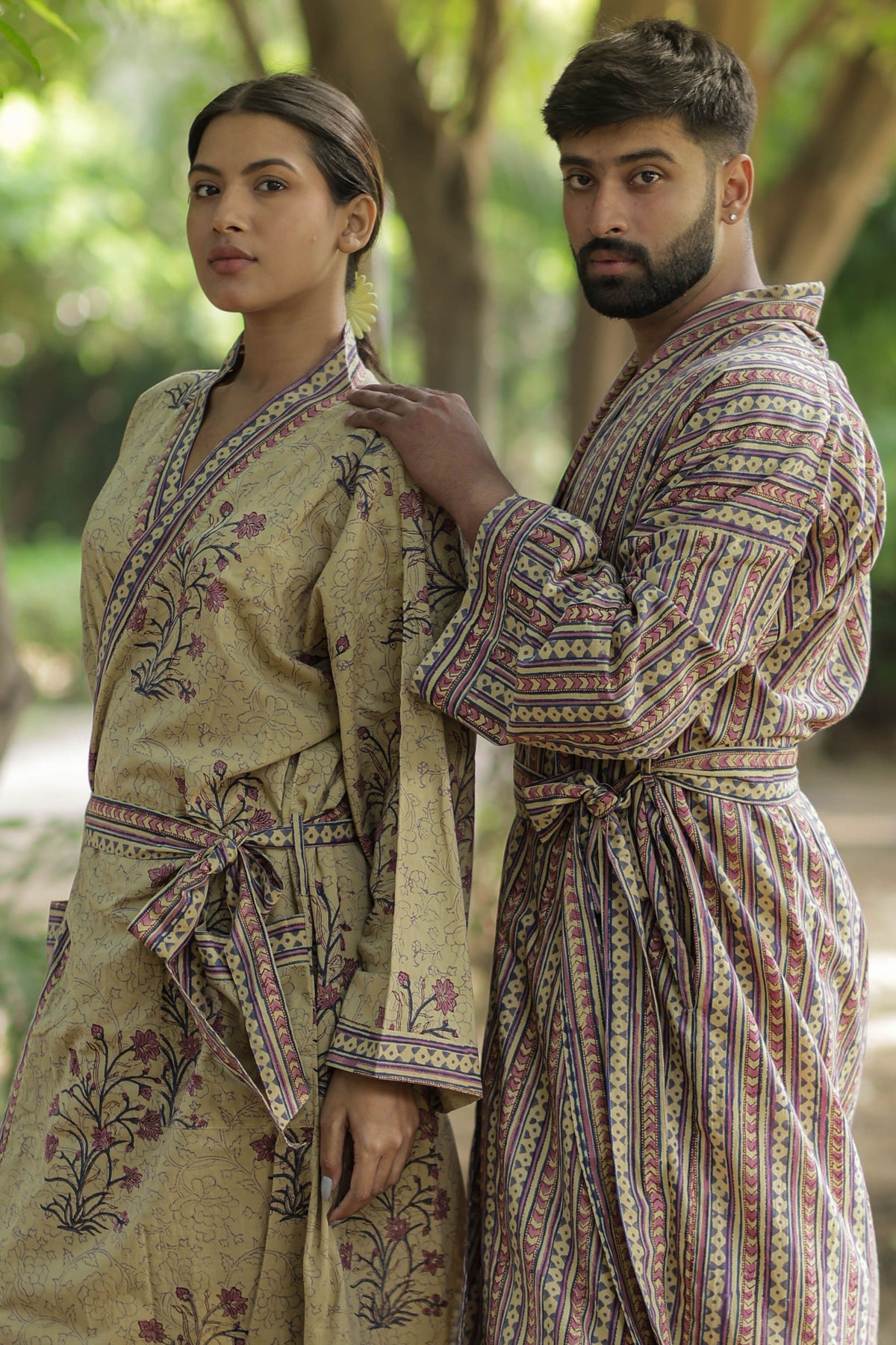 Men's Cotton Long Kimono Robe in striped with pockets