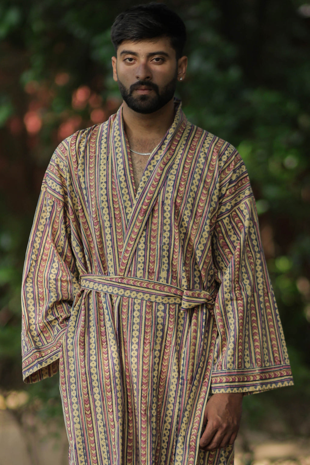 Men's Cotton Long Kimono Robe in striped with pockets