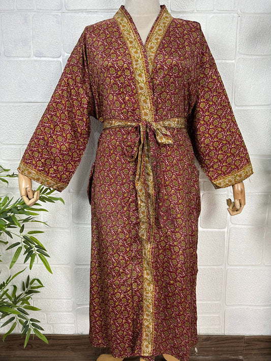 Silk Blend Kimono Robe: Floral Sari Fabric, Plus Size Loungewear