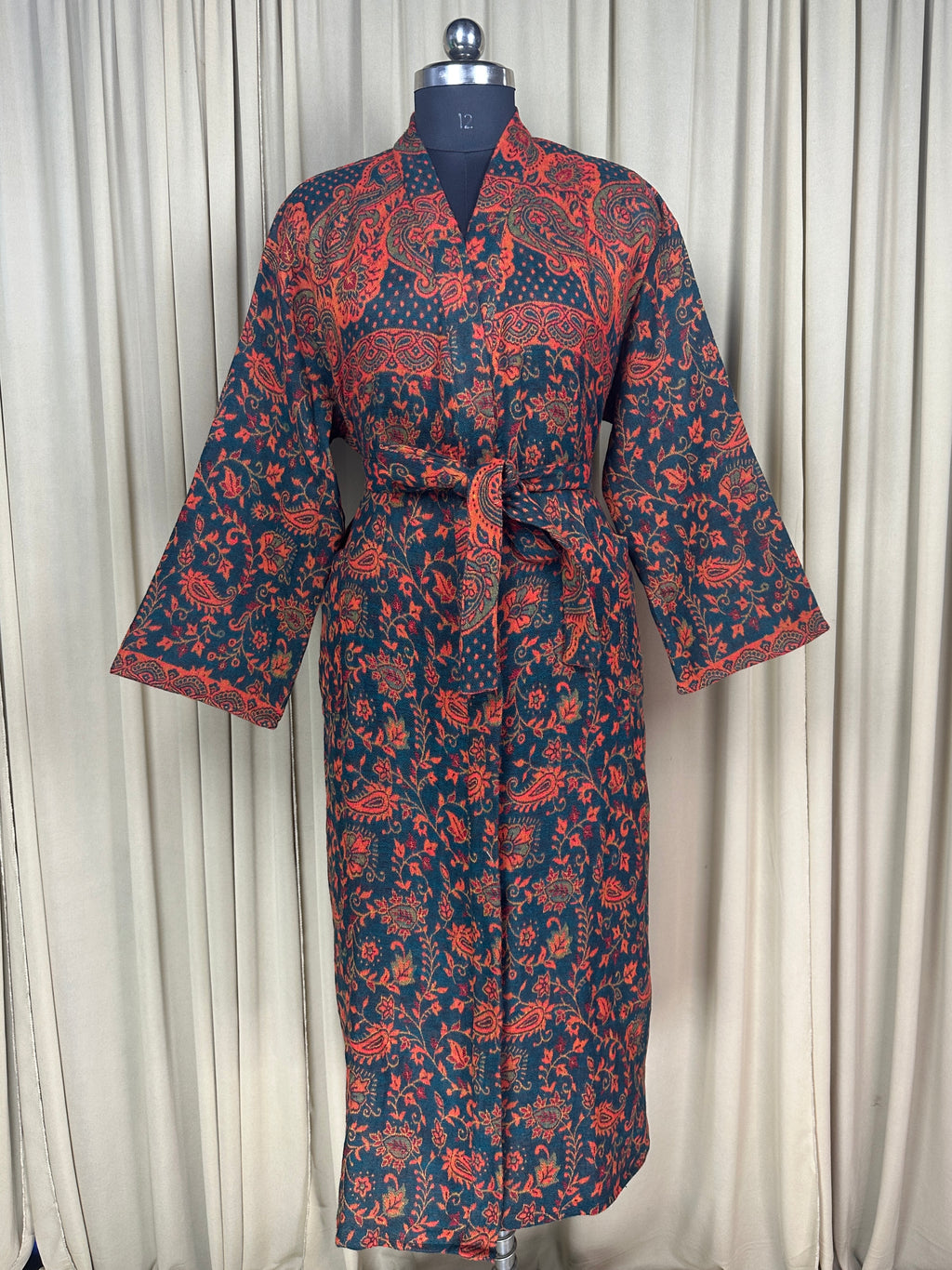Yak Wool Blend Women Kimono Robe, Cozy Warm Winter Romance Loungewear, Green Paisley Cardigan House Coat with Pockets, Quirky Christmas Gift