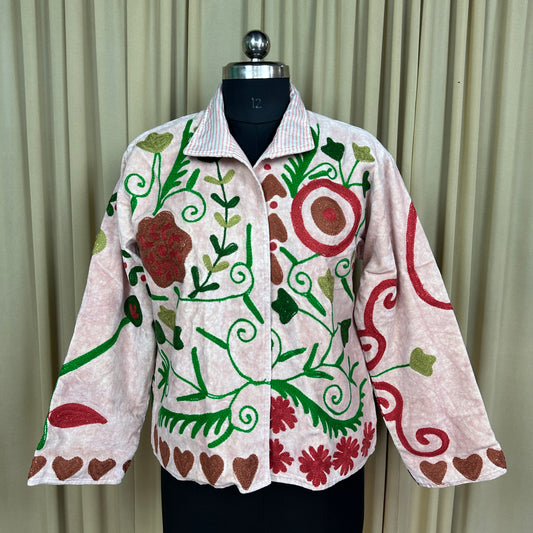 Boho Hand Embroidered Velvet Suzani Jacket, White Floral Open Front Coat Winter Wear Free Size Robe Retro Chic Free Size Robe Blazer for Her