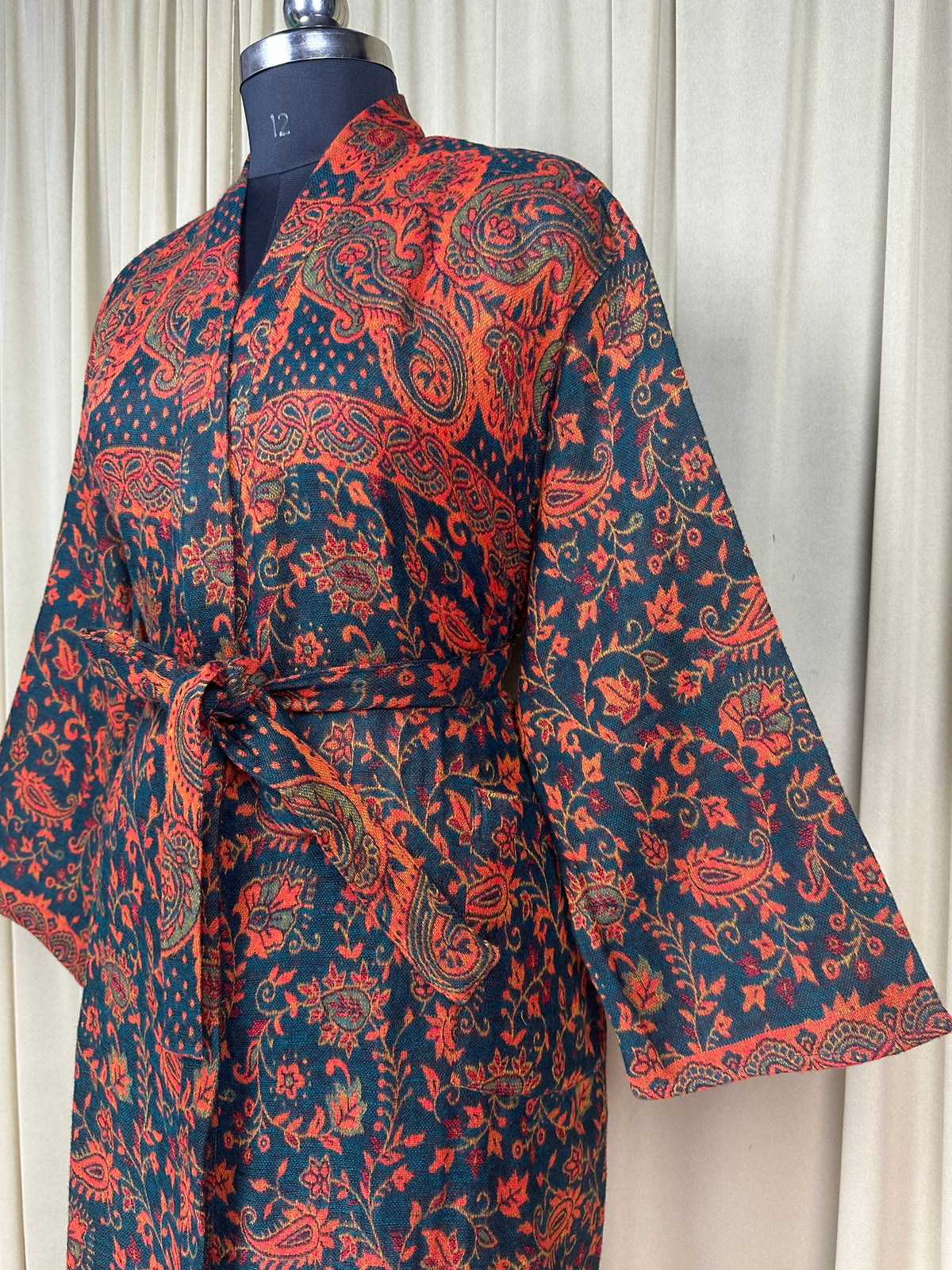 Yak Wool Blend Women Kimono Robe, Cozy Warm Winter Romance Loungewear, Green Paisley Cardigan House Coat with Pockets, Quirky Christmas Gift