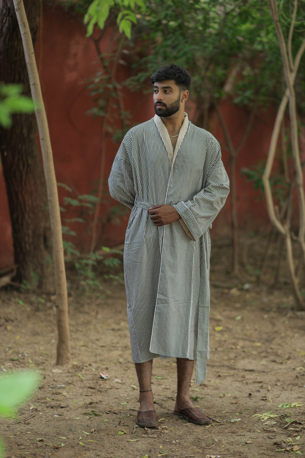 Men's Cotton Long Kimono Robe in striped with pockets