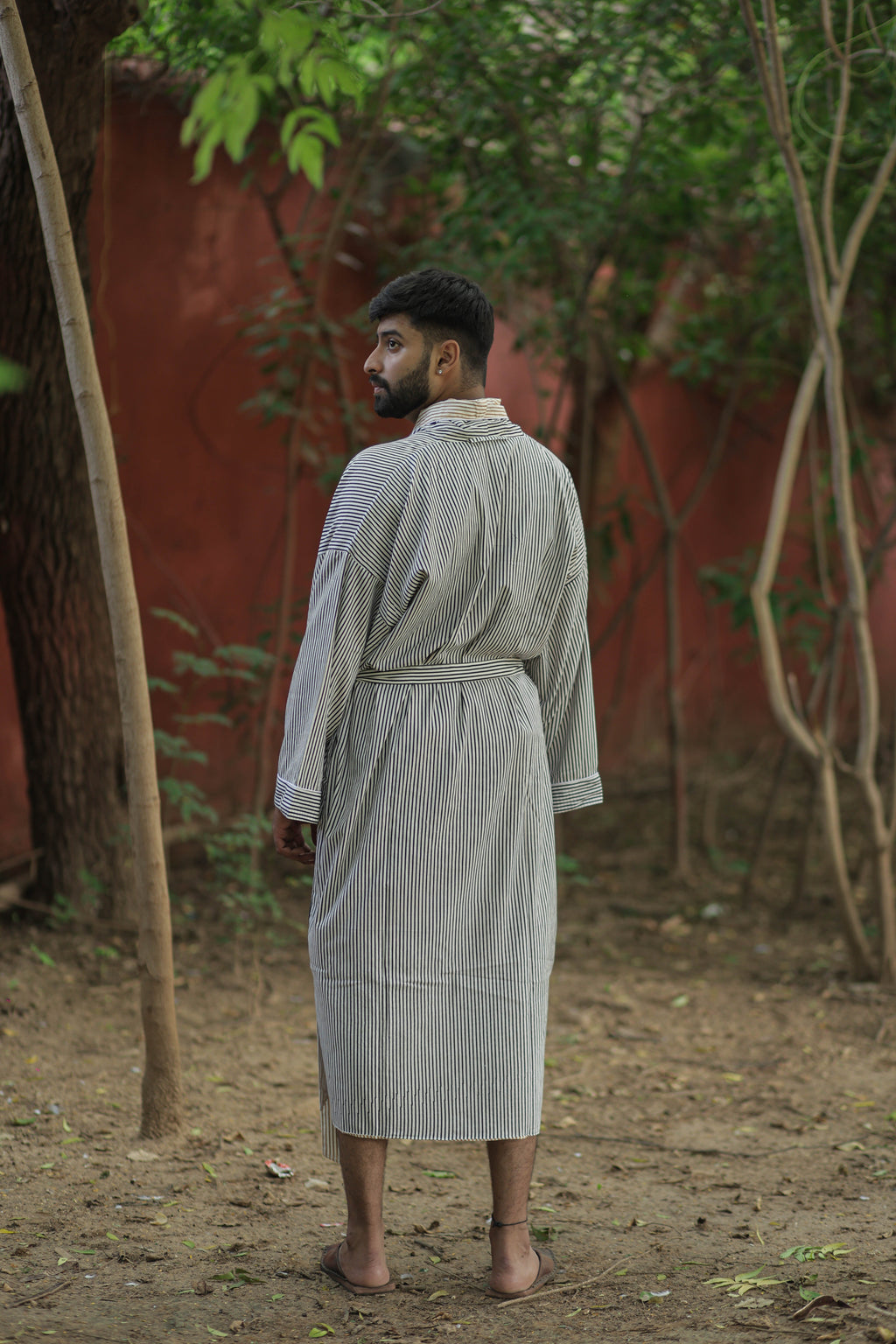 Men's Cotton Long Kimono Robe in striped with pockets