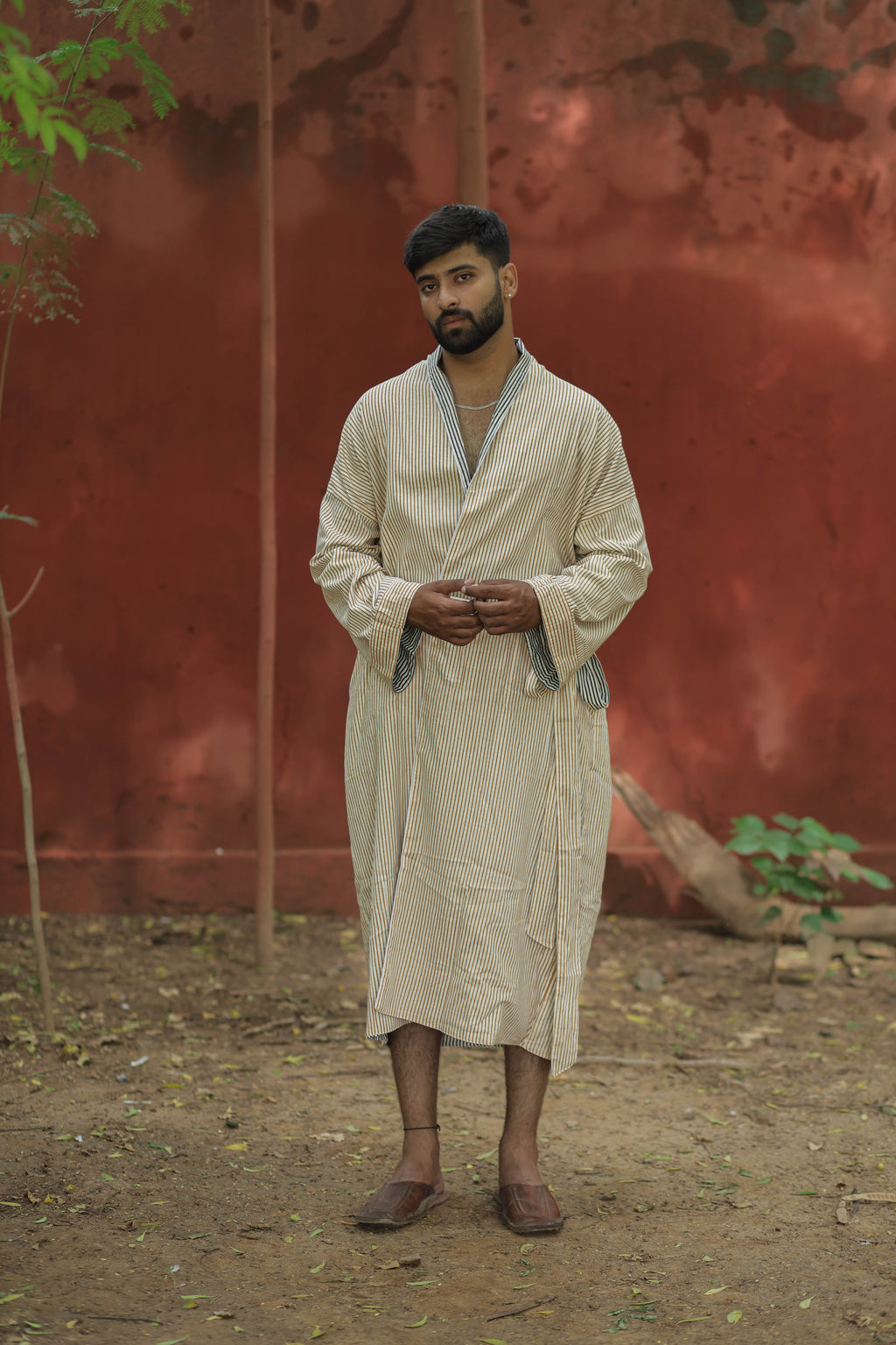 Men's Cotton Long Kimono Robe in striped with pockets