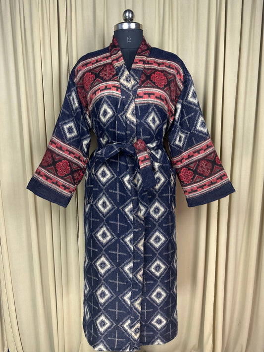 Yak Wool Blend Women Kimono Robe, Cozy Winter Romance Loungewear, Blue Diamond Print Cardigan House Coat with Pockets, Quirky Christmas Gift