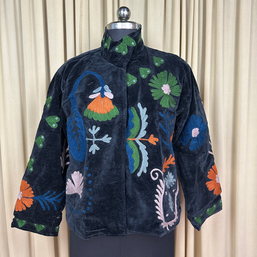 Women's Suzani embroidered Velvet Jacket in black floral