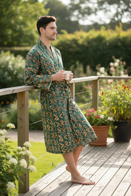 Pure Cotton Handblock Men Kimono | Indian Printed Man House Robe, Boho Beach Coverup Dressing Gown, Lightweight Loungewear, Gift For Him Dad
