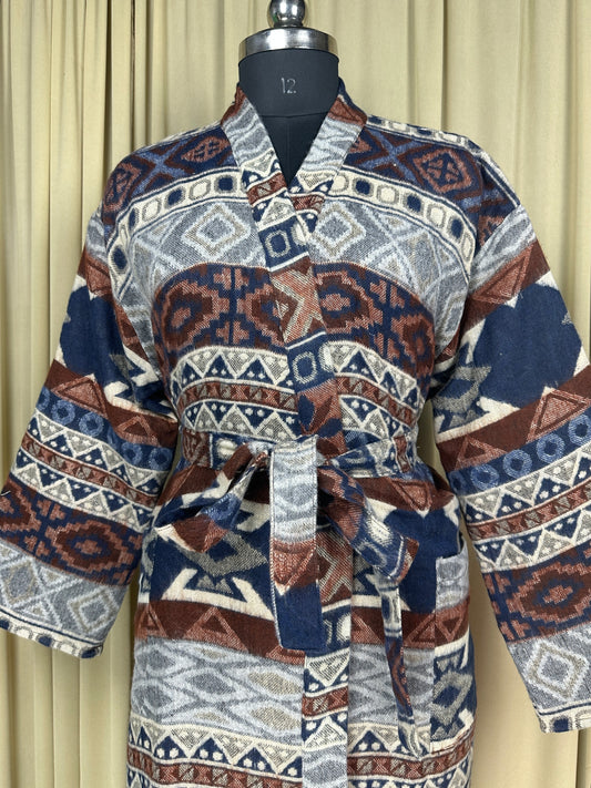 Yak Wool Blend Women Kimono Robe, Cozy Warm Winter Romance Loungewear, Blue Diamond Print Cardigan House Coat with Pockets, Quirky Christmas Gift