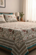 Pure Soft Cotton Bedsheet with Pillow Covers | Hand Block Printed Jaipuri Floral, Queen King Size, Summer Bedspread, Boho Gift Set Decor Art
