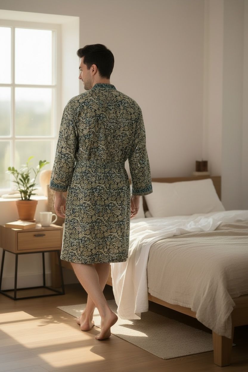 Men's Silk Kimono Robe in blue beige floral