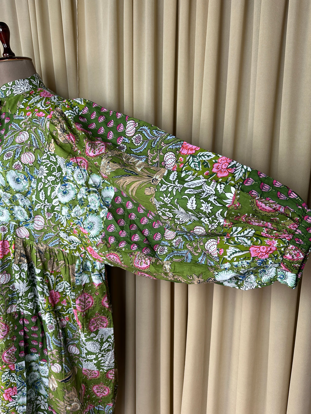 block-printed Cotton Patchwork Dress in green