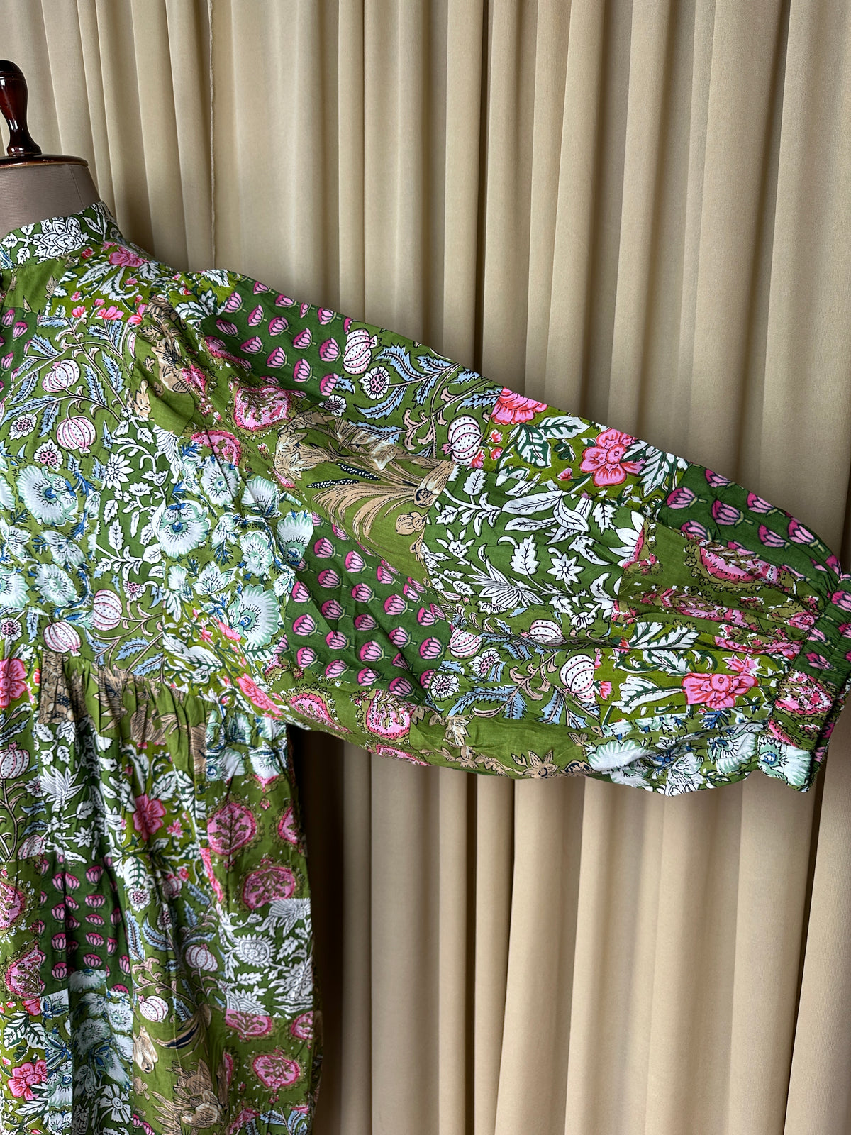 block-printed Cotton Patchwork Dress in green