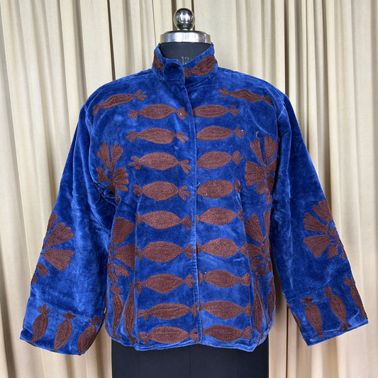 Boho Hand Embroidered Velvet Suzani Jacket, Blue Floral Open Front Coat Winter Wear Free Size Robe Retro Chic Free Size Robe Blazer for Her