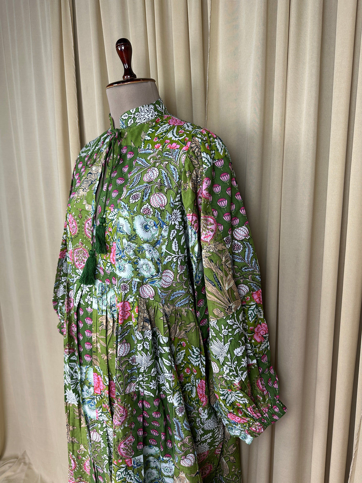 block-printed Cotton Patchwork Dress in green