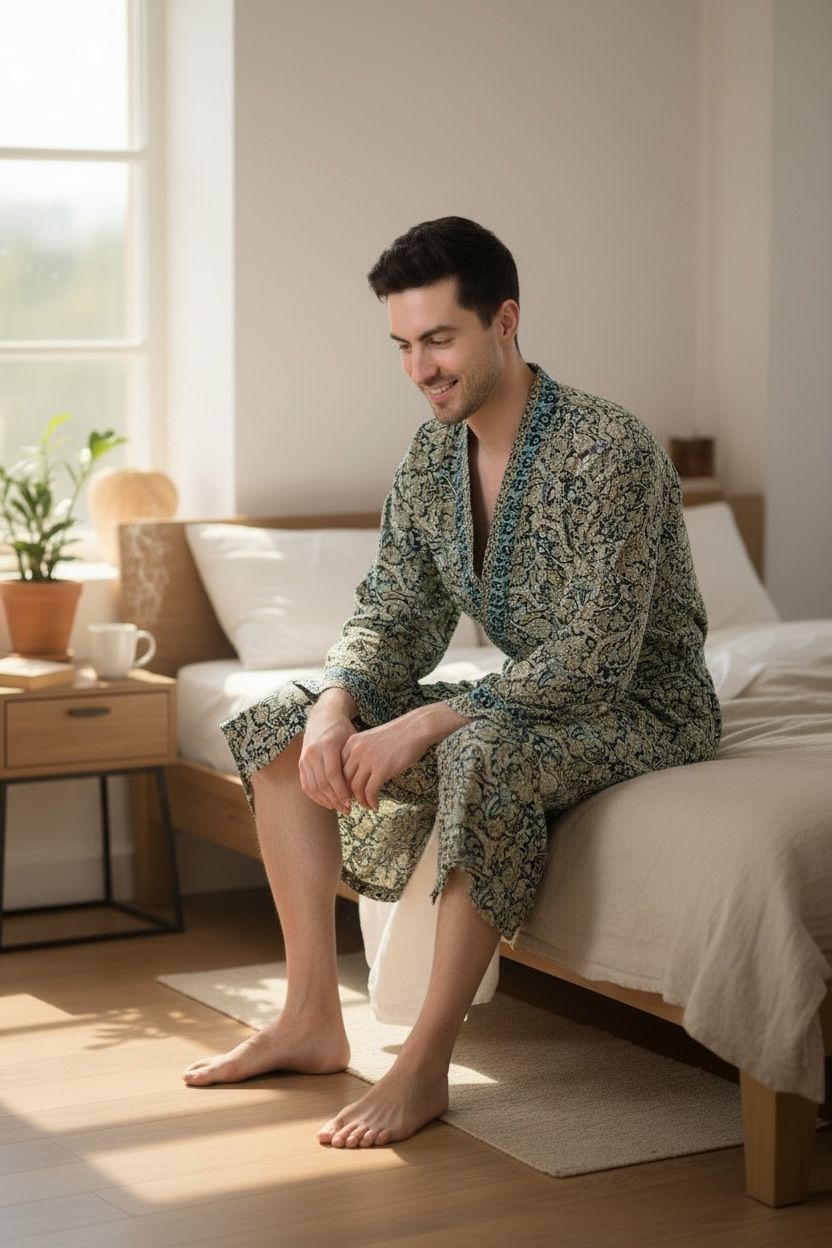 Men's Silk Kimono Robe in blue beige floral