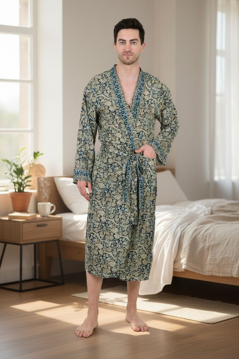 Men's Silk Kimono Robe in blue beige floral