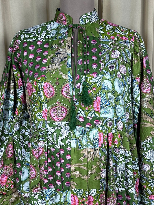 Green Patchwork Cotton Dress: Hand-Stitched Block Print, Fits XXL