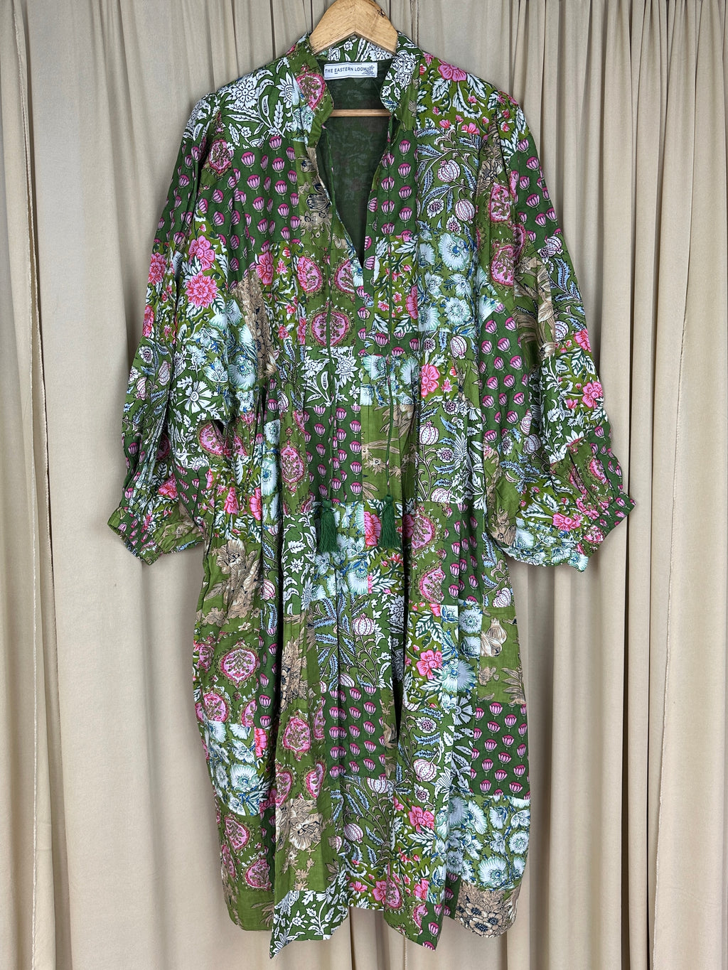 block-printed Cotton Patchwork Dress in green