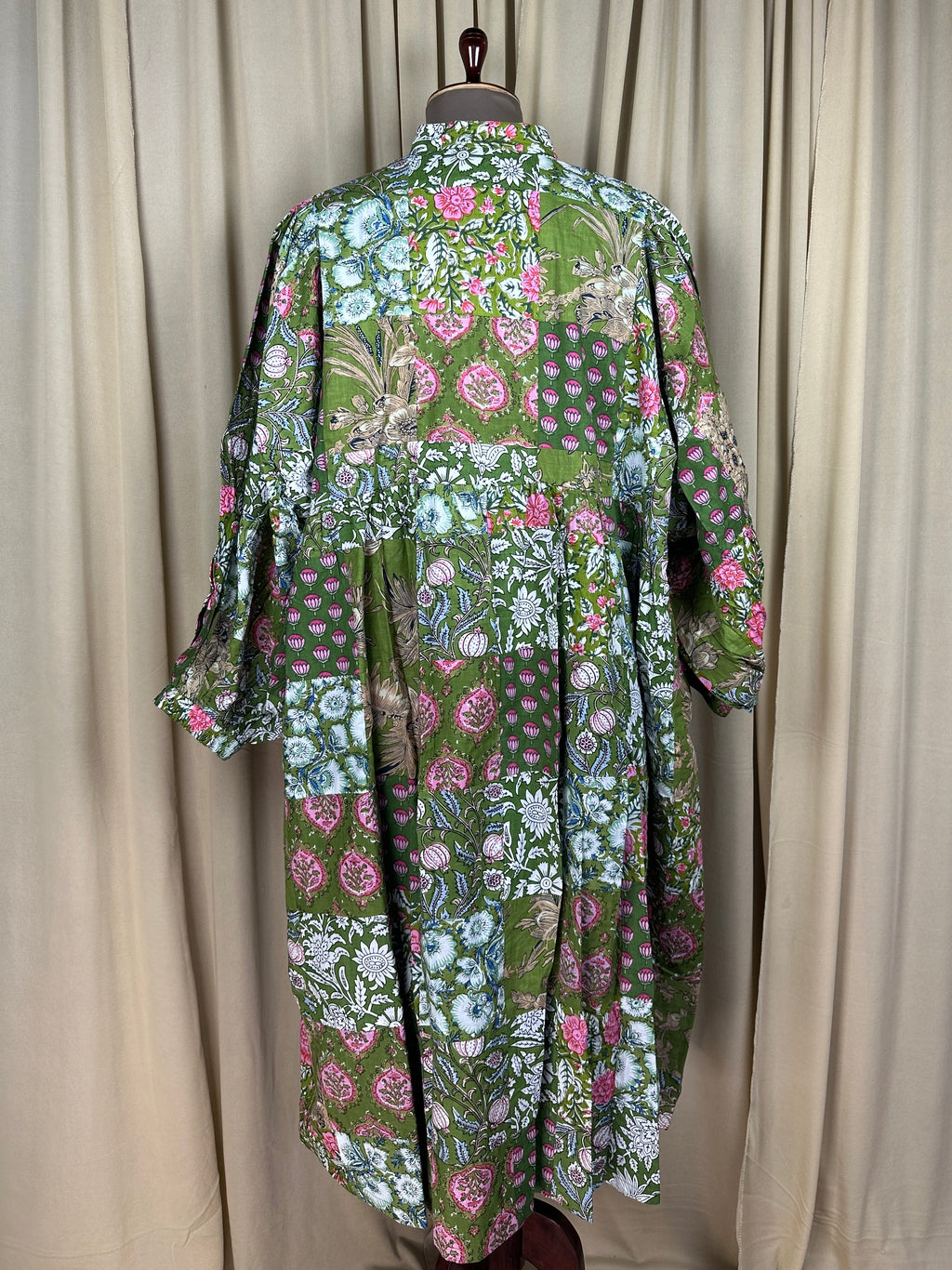 block-printed Cotton Patchwork Dress in green