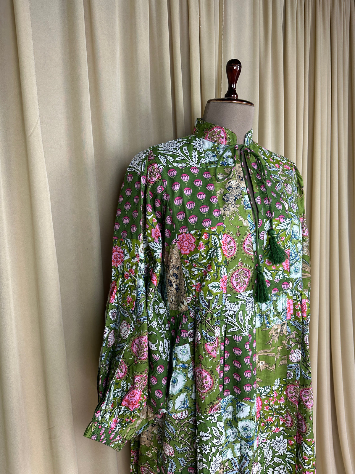 block-printed Cotton Patchwork Dress in green